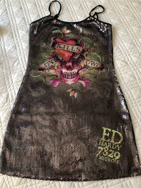 VTG Y2K Ed Hardy Love Kills Slowly sequined slip dress, size adult XSMALL